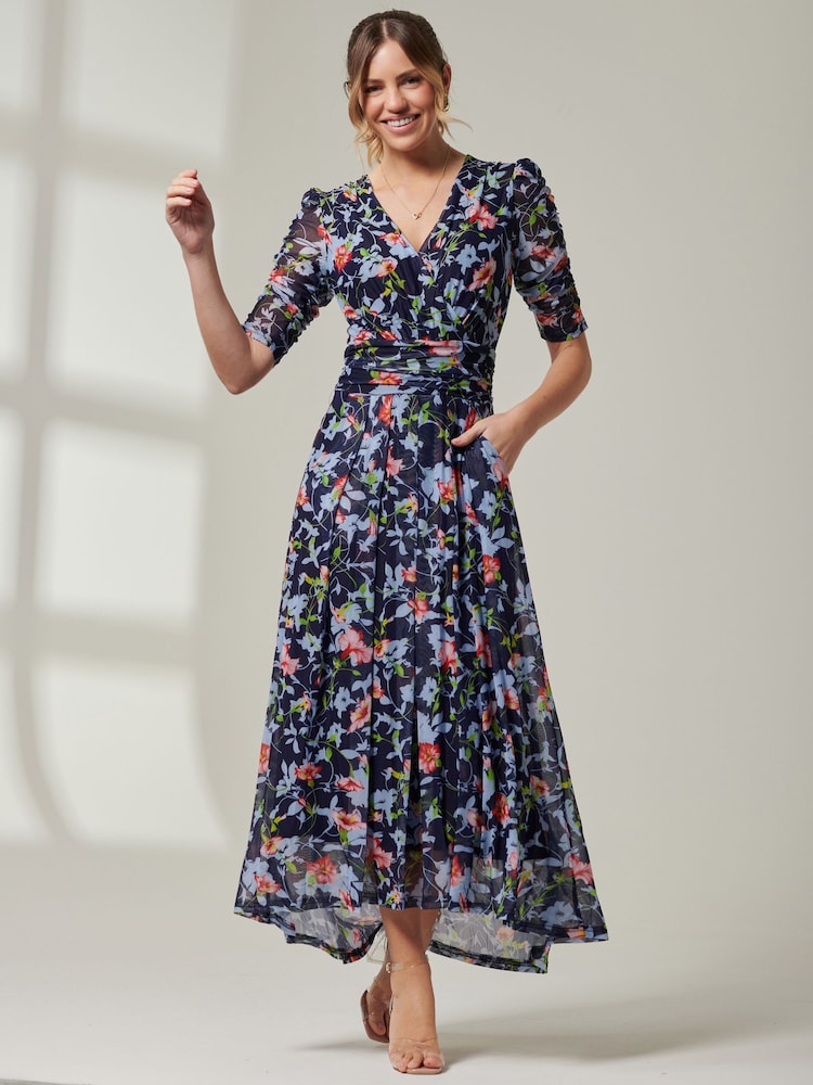 Jolie Moi Blue V-Neck Short Sleeve Mesh Maxi Dress - Image 1 of 7