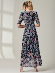 Jolie Moi Blue V-Neck Short Sleeve Mesh Maxi Dress - Image 2 of 7