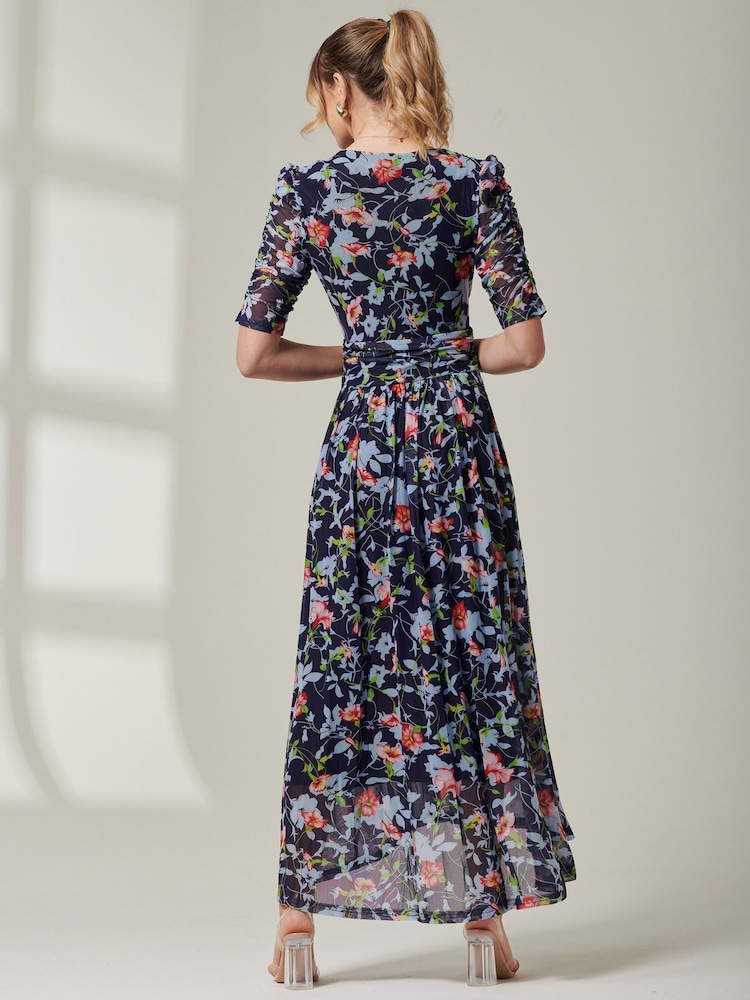 Jolie Moi Blue V-Neck Short Sleeve Mesh Maxi Dress - Image 2 of 7