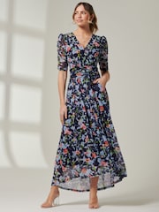 Jolie Moi Blue V-Neck Short Sleeve Mesh Maxi Dress - Image 4 of 7