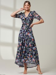 Jolie Moi Blue V-Neck Short Sleeve Mesh Maxi Dress - Image 5 of 7