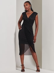 Jolie Moi Black Embellished Ruched Mesh Midi Dress - Image 1 of 6