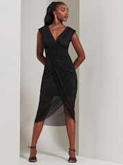 Jolie Moi Black Embellished Ruched Mesh Midi Dress - Image 5 of 6