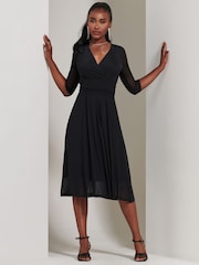 Jolie Moi Black Mesh Wrap Bodice Midi Dress - Image 1 of 6
