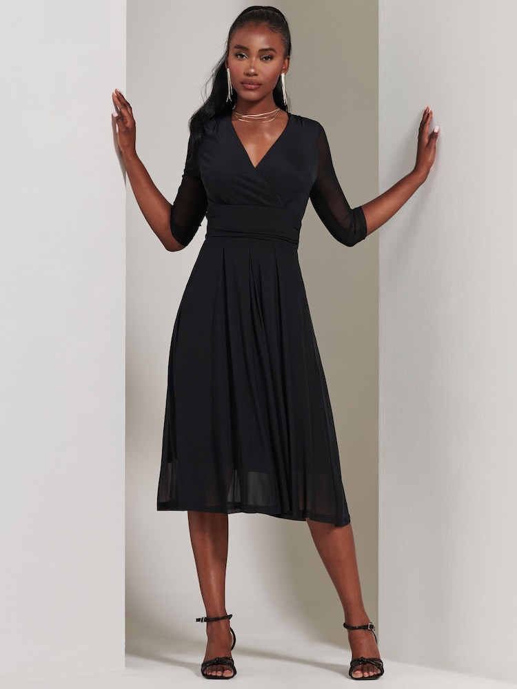 Jolie Moi Black Mesh Wrap Bodice Midi Dress - Image 1 of 6
