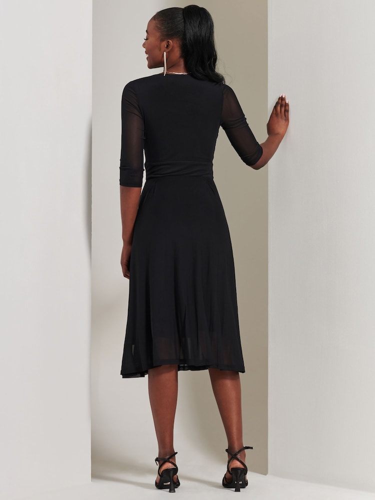Jolie Moi Black Mesh Wrap Bodice Midi Dress - Image 2 of 6
