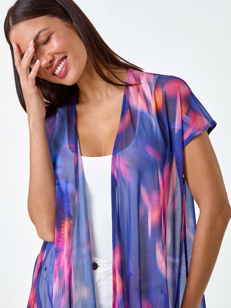 Roman Blue Abstract Print Stretch Mesh Cardigan - Image 2 of 5