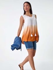 Roman Orange Cotton Lace Detail Ombre Vest Top - Image 1 of 5