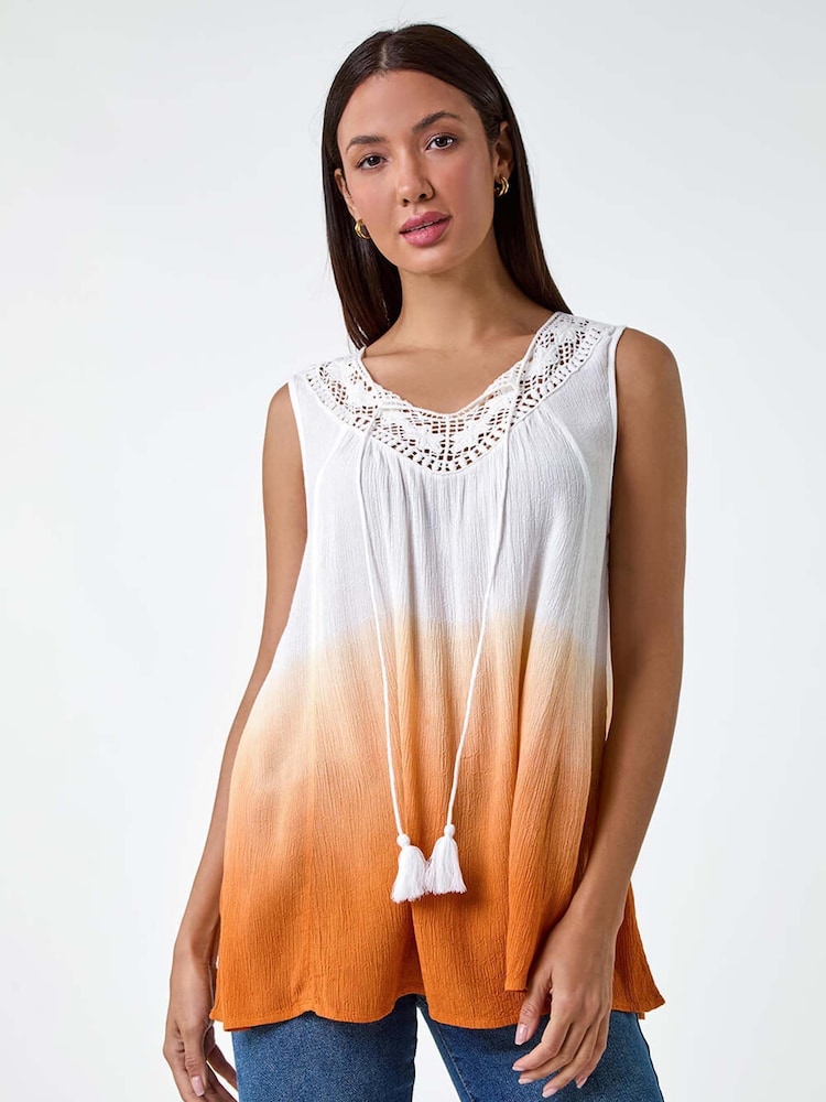 Roman Orange Cotton Lace Detail Ombre Vest Top - Image 5 of 5