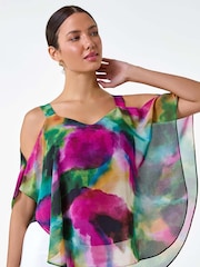 Roman Green Abstract Print Cold Shoulder Overlay Top - Image 1 of 5