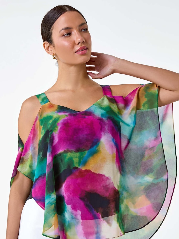 Roman Green Abstract Print Cold Shoulder Overlay Top - Image 1 of 5