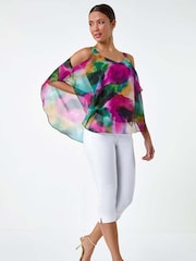 Roman Green Abstract Print Cold Shoulder Overlay Top - Image 2 of 5