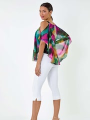 Roman Green Abstract Print Cold Shoulder Overlay Top - Image 3 of 5