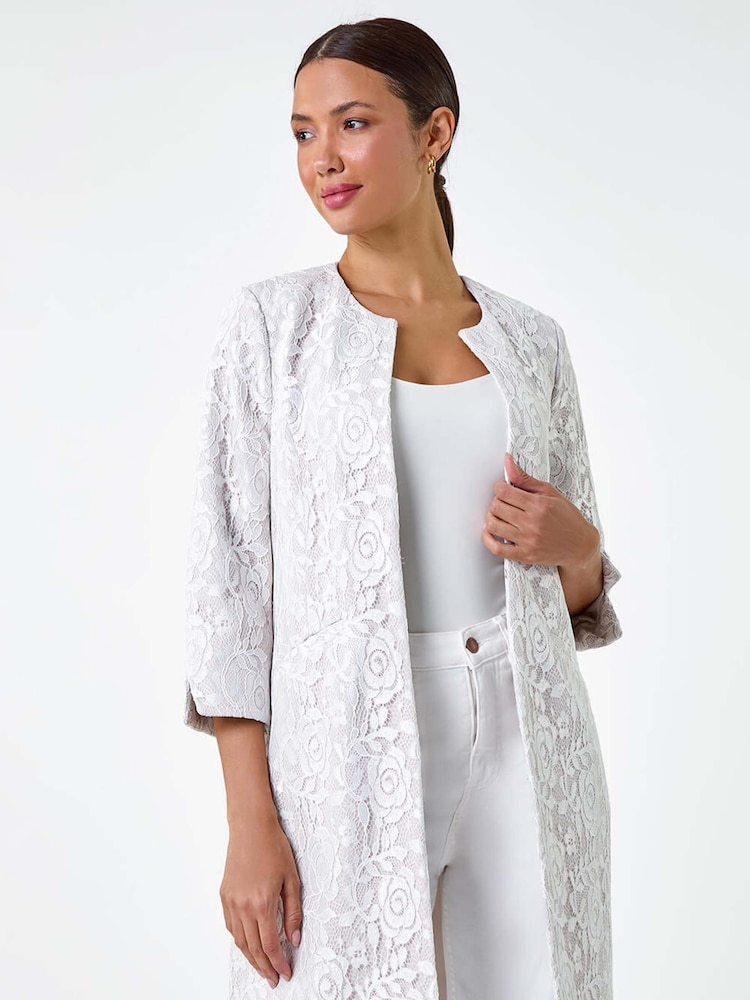Roman White Lace Longline Formal Jacket - Image 1 of 6