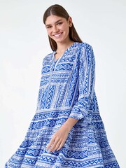 Roman Blue Aztec Style Print Frill Pocket Dress - Image 1 of 5