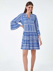 Roman Blue Aztec Style Print Frill Pocket Dress - Image 2 of 5