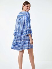 Roman Blue Aztec Style Print Frill Pocket Dress - Image 3 of 5