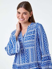 Roman Blue Aztec Style Print Frill Pocket Dress - Image 4 of 5