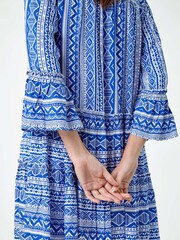 Roman Blue Aztec Style Print Frill Pocket Dress - Image 5 of 5