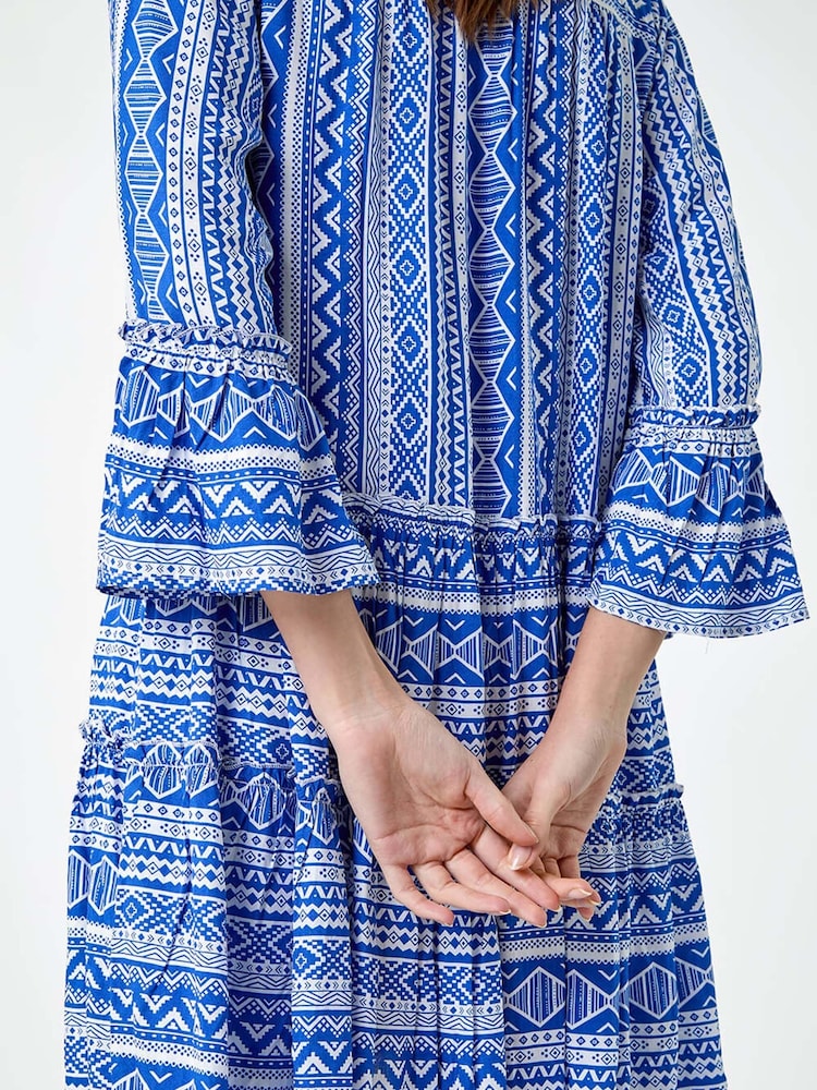 Roman Blue Aztec Style Print Frill Pocket Dress - Image 5 of 5