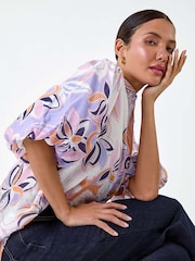 Roman Purple Floral Print Puff Sleeve Shirt - Image 2 of 5