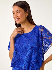 Roman Blue Lace Stretch Bubble Hem Top - Image 1 of 5