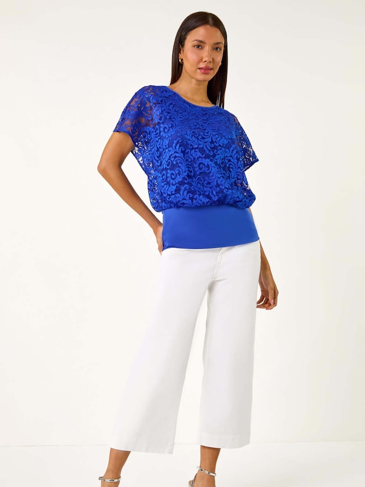 Roman Blue Lace Stretch Bubble Hem Top - Image 2 of 5