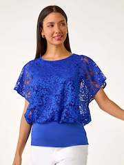Roman Blue Lace Stretch Bubble Hem Top - Image 4 of 5