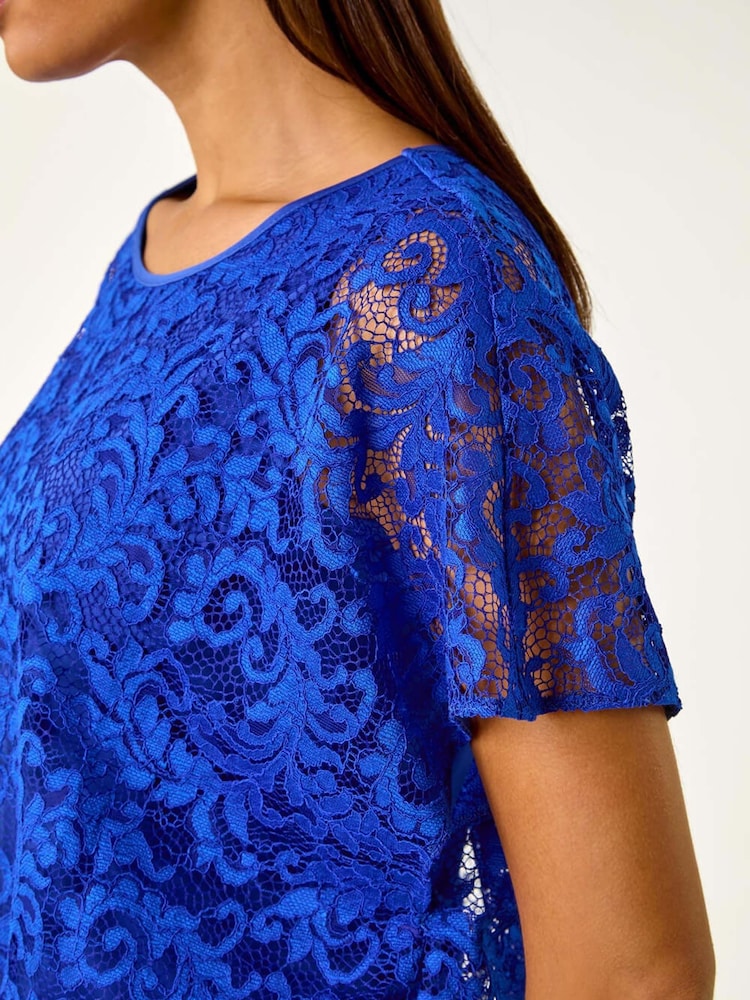 Roman Blue Lace Stretch Bubble Hem Top - Image 5 of 5