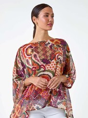 Roman Orange Aztec Style Print Chiffon Overlay Top - Image 1 of 1