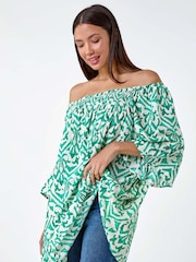 Roman Green Aztec Style Print Shirred Stretch Bardot Top - Image 1 of 5