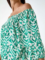 Roman Green Aztec Style Print Shirred Stretch Bardot Top - Image 2 of 5