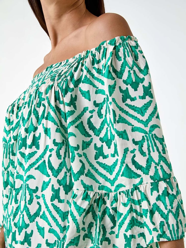 Roman Green Aztec Style Print Shirred Stretch Bardot Top - Image 2 of 5