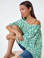 Roman Green Aztec Style Print Shirred Stretch Bardot Top - Image 3 of 5