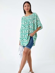 Roman Green Aztec Style Print Shirred Stretch Bardot Top - Image 4 of 5