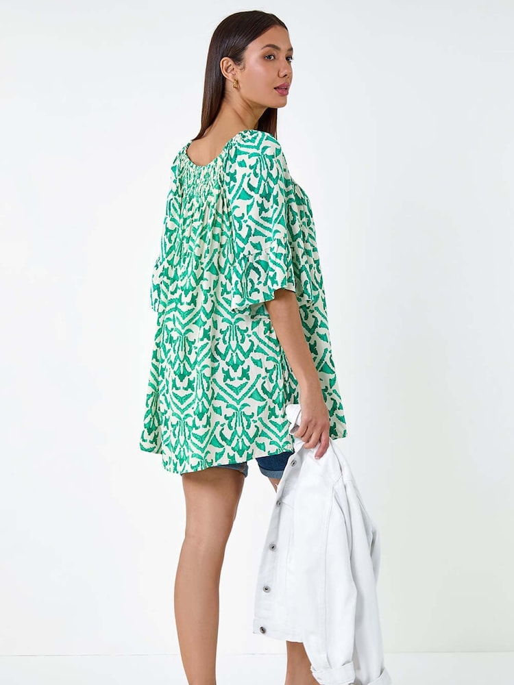Roman Green Aztec Style Print Shirred Stretch Bardot Top - Image 5 of 5