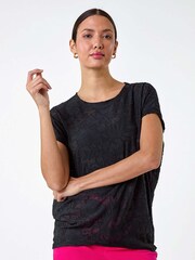 Roman Black Textured Floral Stretch Cocoon T-Shirt - Image 2 of 5