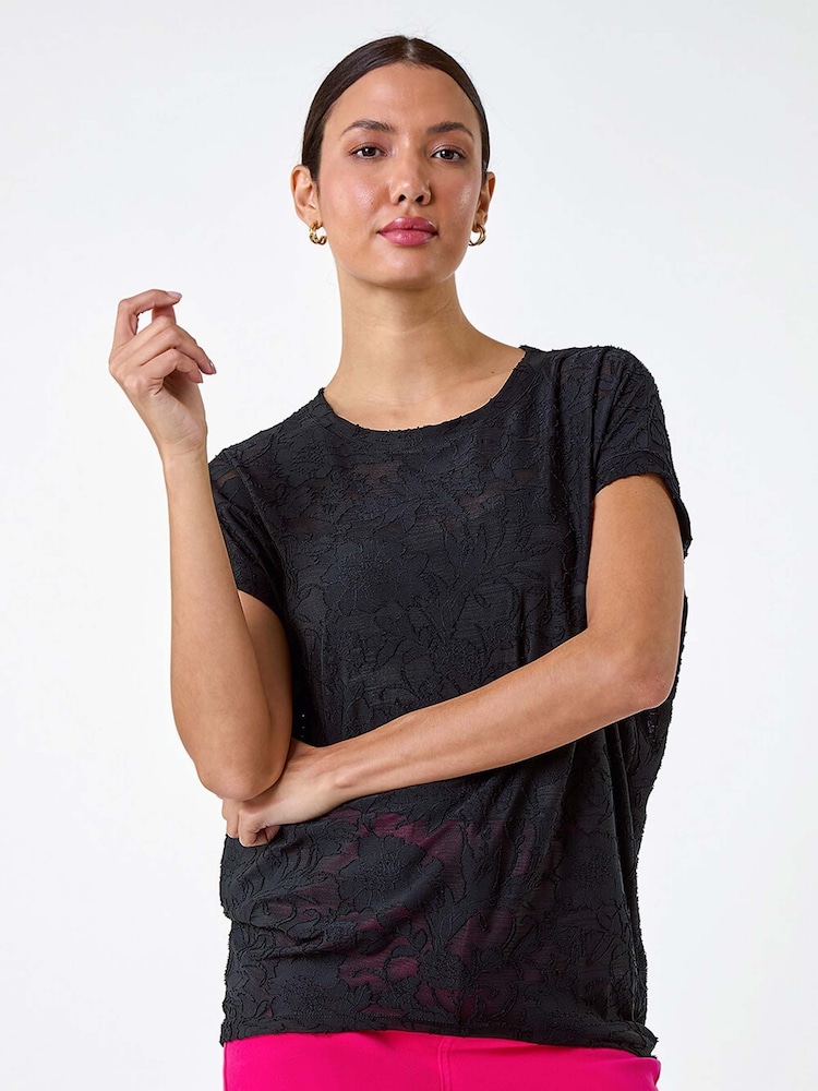 Roman Black Textured Floral Stretch Cocoon T-Shirt - Image 2 of 5