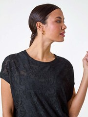 Roman Black Textured Floral Stretch Cocoon T-Shirt - Image 4 of 5