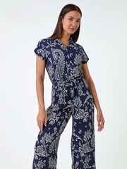 Roman Blue Paisley Textured Stretch Jersey Jumpsuit - Image 1 of 5