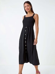 Roman Black Plain Shirred Button Detail Midi Dress - Image 1 of 5