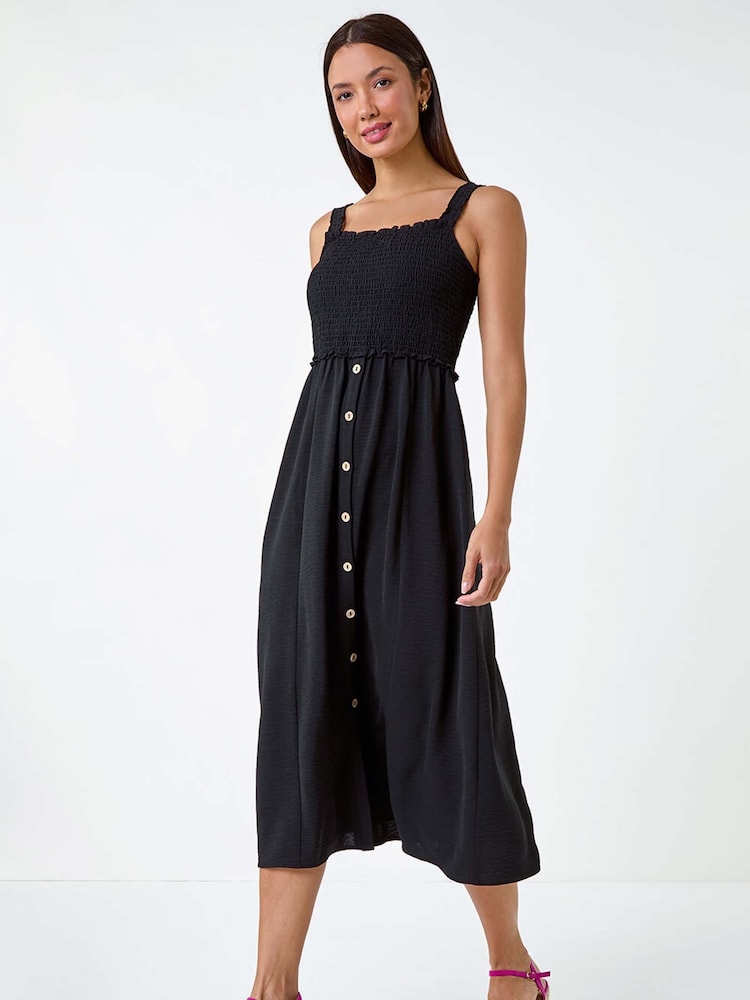 Roman Black Plain Shirred Button Detail Midi Dress - Image 1 of 5