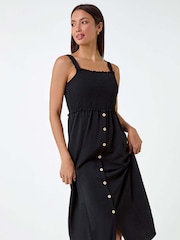 Roman Black Plain Shirred Button Detail Midi Dress - Image 2 of 5