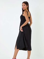 Roman Black Plain Shirred Button Detail Midi Dress - Image 3 of 5