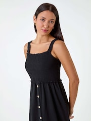 Roman Black Plain Shirred Button Detail Midi Dress - Image 4 of 5