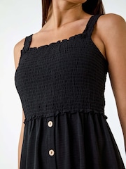Roman Black Plain Shirred Button Detail Midi Dress - Image 5 of 5