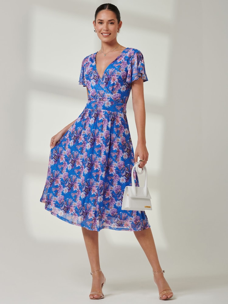 Jolie Moi Blue Fit & Flare Mesh Midi Dress - Image 1 of 7