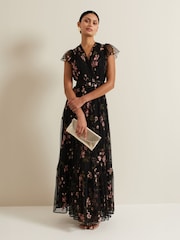 Phase Eight Black Tamera Mesh Embroidered Maxi Dress - Image 1 of 7