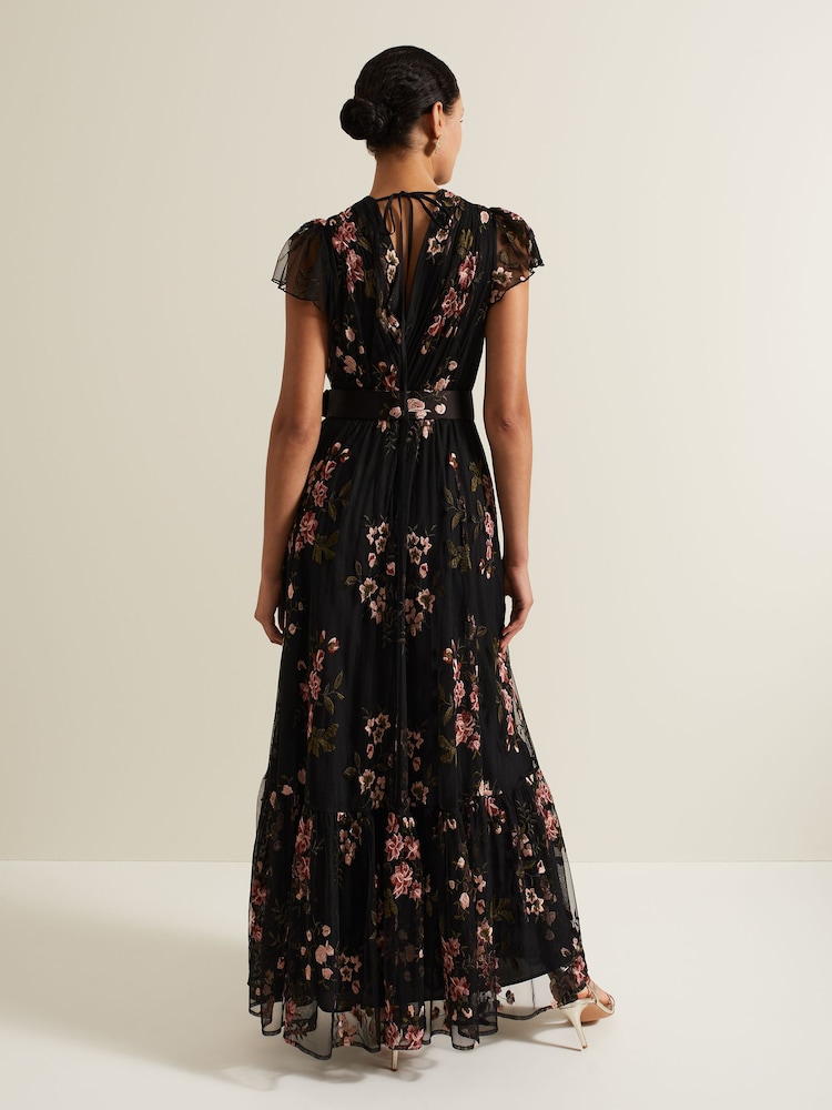 Phase Eight Black Tamera Mesh Embroidered Maxi Dress - Image 2 of 7