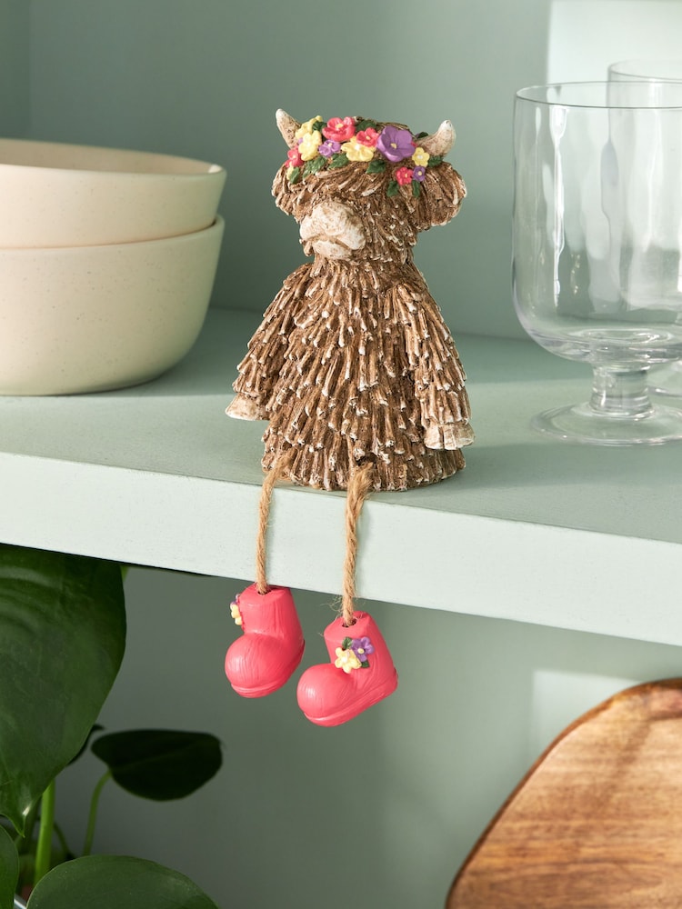 Natural Hamish the Highland Cow Small Dangly Leg Ornament With Floral Crown - Image 1 of 3
